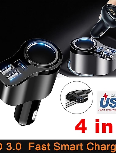  موزع USB للسيارة ، شاحن سيارة 4 في 1 USB C ، محول ولاعة سجائر متعدد USB بقوة 36 وات مع 3 منافذ USB ، 12 فولت / 24 فولت مزدوج USB نوع C PD محول شاحن سيارة سريع