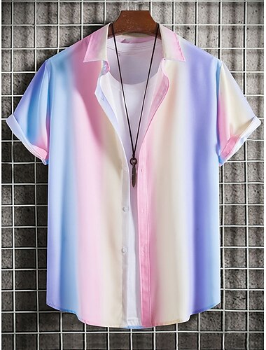  Herren Hemd Sommerhemd Freizeithemd Knopfhemd Rosa Purpur Kurzarm Farbverlauf Revers Urlaub Täglich Bekleidung Baumwolle Baumwollmischung Mode Lässig Bequem
