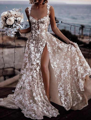  חוף ים / יעד בוהו שמלות חתונה גזרת A לב (סוויטהארט) רצועות רגילות שובל קורט תחרה שמלות כלה עם אפליקציות שסע קדמי 2024