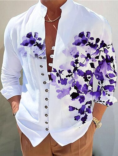  Herren Blumen Hemd Knopfhemd Langarm Modisch Designer Brautkleider schlicht Urlaub Täglich Ausgehen Herbst Frühling Sommer Ständer Bedruckt Gelb Blau Purpur Grün Grau