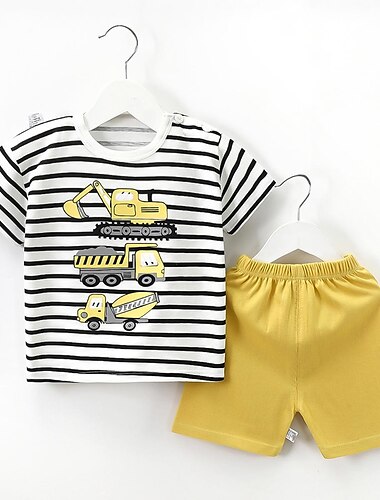  2 Stück Kleinkind Jungen T-Shirt & Shorts Outfit Cartoon Kurzarm Baumwolle Set Schule Niedlich Täglich Sommer Frühling 3-7 Jahre B60 B73 B75