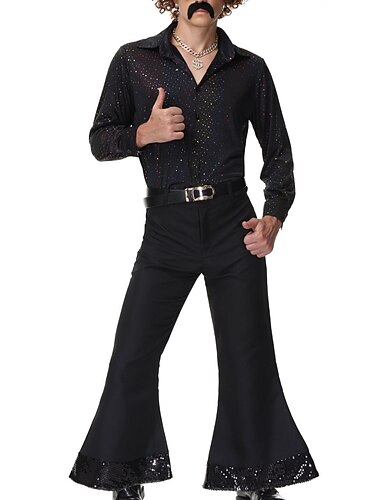  70er Jahre Hippie-Disco-Kostüm Retro Vintage 1970er Jahre Schlaghose Overall Hemd Outfit Herren Damen Paarkostüm für Maskerade Vintage Cosplay Party Schlager Outfit