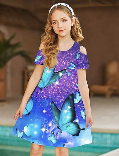  kinderkleidung Mädchen Kleid Graphic Schmetterling Kurzarm Outdoor Casual Ausgehöhlt Modisch Kuschelig Täglich Polyester Übers Knie Casual kleid A Linie Kleid Sommer Frühling 3-12 Jahre Wein Blau
