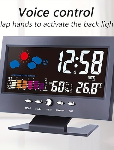  Weather Clock With Time Date Week Temperature Humidity Display Weather Forecast Function With Voice-activated Backlight Function 15.6X4X9.6CM/6.1*3.7*1.5in