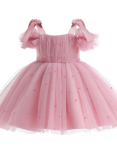  kinderkleidung Baby Mädchen Blumenmädchen Kleid Kleid Einfarbig Kurzarm Hochzeit Party Täglich Gitter Perlenbesetzt Elegant Prinzessin Polyester Midi A Linie Kleid Sommer Frühling 2-6 Jahre Pudriges