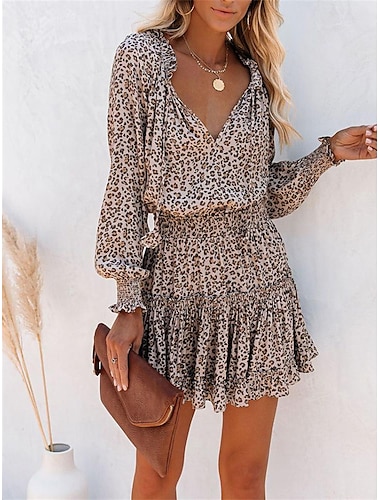  mini robe à volants et col en V à imprimé léopard et à fleurs pour femme, tenue quotidienne, vacances, manches longues, été, printemps