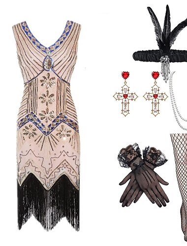  1920er Flapper Kleid mit 20er Accessoires Set Damen Pailletten Quaste Fransen Kostüm Retro Vintage Cosplay Party&amp; Cocktailkleid am Abend