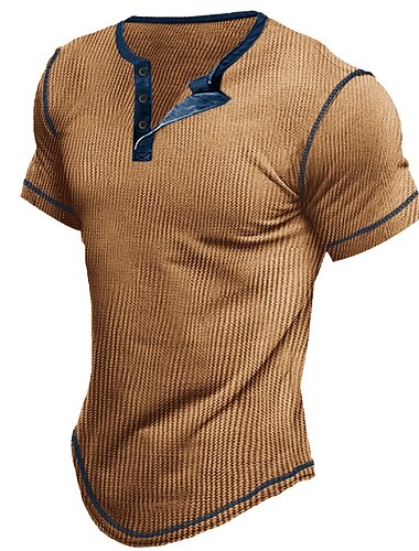  男性用 ワッフルTシャツ ボタンTシャツ Tシャツ ワッフルヘンリーシャツ 半袖 ヘンリー 夏 平織り ファッション デザイナー ベーシック バケーション ストリート お出かけ ブルー ブラウン カーキ色 メンズトップTシャツ