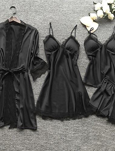  pyjamassett for kvinner 4 deler ren farge enkel tilfeldig myk hjem daglig seng polyester pustende v wire langermet kappe topp shorts elastisk midje sommer vår hjemmeantrekk