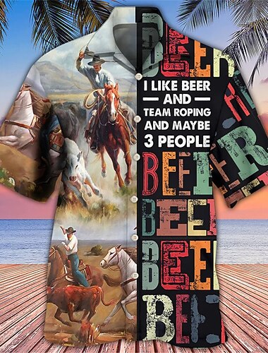  Kentucky-derby Voor heren Paard Bier Paardenracen Overhemd Hawaiiaans overhemd Overhemd met knopen Korte mouw Sport Modieus Streetwear Casual Buiten Hawaii Zomer Lente Cubaanse kraag Afdrukken