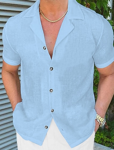  Herre Skjorte Linskjorte Sommerskjorte Strand Klær Skjorte med knapper عادي Feriereise Avslappet Svart Hvit Rosa Blå Kortermet Camp Collar Sommer Klær