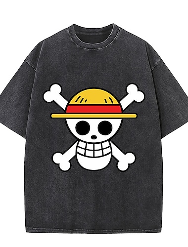  ワンピース モンキー・D・ルフィ Ｔシャツ(21) オーバーサイズ アシッド ウォッシュ Tシャツ プリント グラフィック柄 用途 カップル用 男性用 女性用 成人 アシッドウォッシュ カジュアル／普段着