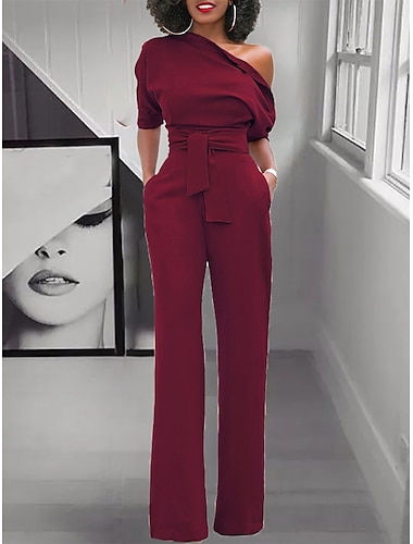  Women's Jumpsuit for Special Occasions Christmas Pocket High Waist Solid Color Cold Shoulder Business Office Work Party Xmas Regular Fit Half Sleeve Black White Yellow S M L Summer