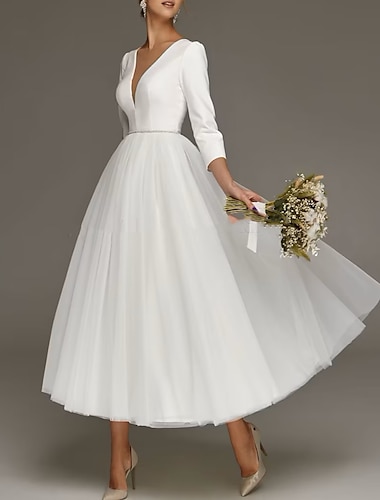  Bridal Shower Simple Wedding Dresses Wedding Dresses A-Line Off Shoulder Cap Sleeve Tea Length Chiffon Bridal Gowns With Ruched Split Front 2024