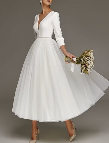  Réception Vintage années 1940  1950 Petite Robe Blanche Robes de Douche Nuptiale Robes de Mariée A-Ligne Col en V Manches 3/4 Longueur Thé Satin Robes de Mariée Avec Couleur Unie 2025