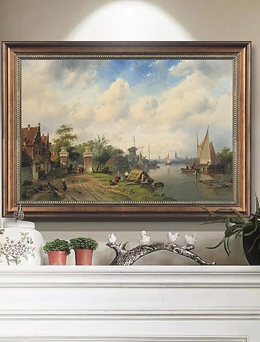  Handgefertigtes Ölgemälde auf Leinwand, Wandkunst, Dekoration, Vintage-Landschaft, Meisterwerke, Flussblick mit Windmühle für Wohnkultur, gerolltes, rahmenloses, ungedehntes Gemälde