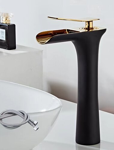  robinet mitigeur cascade lavabo haut, mono vasque mitigeur lavabo salle d'eau avec flexible eau chaude et froide vasque monobloc eau laiton robinet monté sur plage gris noir doré