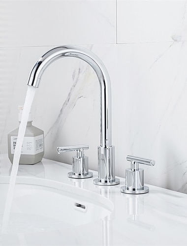  Robinet mitigeur d'évier de salle de bain répandu, 360 pivotant en laiton 3 trous 2 poignées robinet de lavabo monté sur le pont, robinet d'eau de lavabo de lavabo avec tuyau chaud et froid