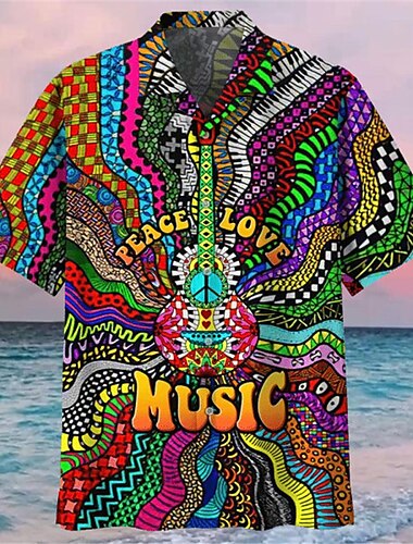  Voor heren Muziek Hippie Overhemd Hawaiiaans overhemd Overhemd met knopen Korte mouw Sport Modieus Streetwear Buiten Casual Hawaii Zomer Lente Cubaanse kraag Afdrukken blauw Paars Regenboog