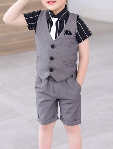  3-teilig Ring-Träger Anzug Jungen Kinder Shirt & Shorts Lässig Mode Basic Gestreift Schwarz Weiß Grau Baumwolle