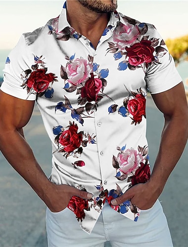  λευκό πουκάμισο με τριαντάφυλλα ανδρικά γραφικά floral prints turndown μαύρο ναυτικό μπλε χρυσό υπαίθριο δρόμο κοντά μανίκια ρούχα ρούχα μόδα streetwear casual βαμβακερά