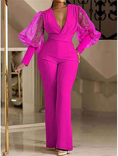  Women's Jumpsuit High Waist Solid Color V Neck Elegant Wedding Party Regular Fit Long Sleeve Blue Fuchsia Green S M L Spring