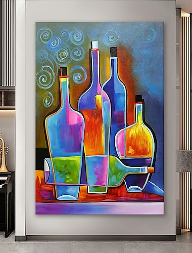  pintura al óleo 100% hecha a mano arte de pared pintado a mano sobre lienzo botella de vino colorido vertical bodegón moderno decoración del hogar decoración lienzo enrollado sin marco sin estirar