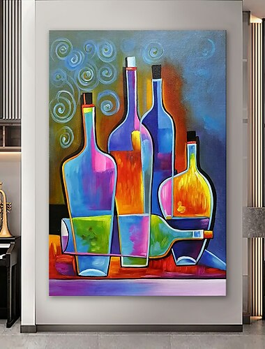  pintura al óleo 100% hecha a mano arte de pared pintado a mano sobre lienzo botella de vino colorido vertical bodegón moderno decoración del hogar decoración lienzo enrollado sin marco sin estirar