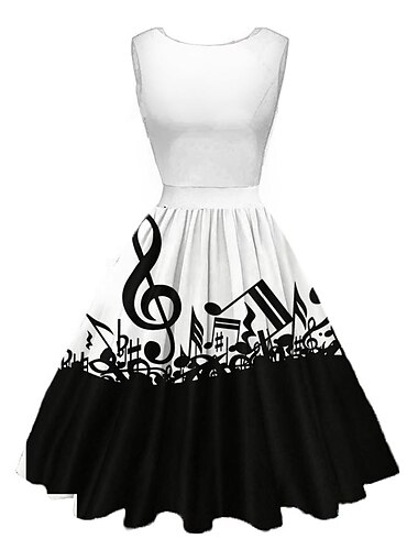  damen retro 1950er vintage tee kleider midi kleid daily date gerüscht bedruckt hinweis rundhalsausschnitt ärmellos schlank sommer frühling 2023 schwarz-weiß schwarz s m l xl
