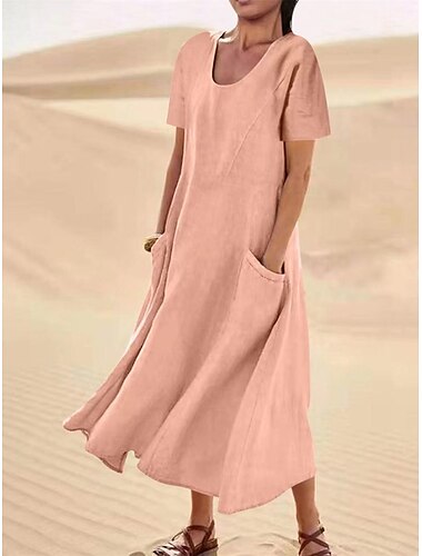  Damen Rosa Himmelblau Kaki Sommer Maxikleid Baumwoll-Leinen-Kleider Freizeitkleid solide Täglich Lässiger Schnitt Rundhalsausschnitt