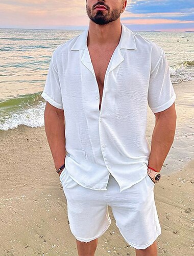  Hombre Camisa Camisa de lino de algodón Camisa de algodón blanca 2 Piezas Conjunto de camisa conjunto de verano Plano Hawaiano Festivos Negro Blanco Azul Piscina Verde Trébol Manga Corta Diseño