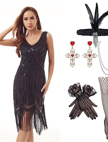  Šaty Gatsby z 20. let se sadou doplňků z 20. let dámské flitry střapec třásňový kostým retro vintage cosplay party a večerní koktejlové šaty