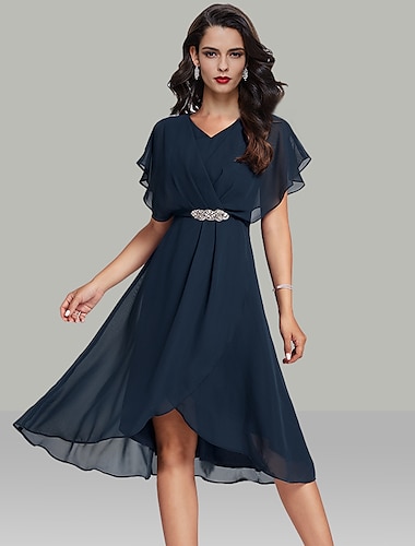  A-Lijn Bruiloft Gast Jurken Elegante Jurk Semi Formeel Thee Lengte Korte Mouw V-Hals Riem  Sjerp Chiffon met Beading 2025