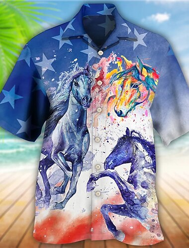  Kentucky Derby Herren Pferd Pferderennen Hemd Sommer Hawaiihemd Knopfhemd Kurzarm Sport Mode Streetwear Outdoor Lässig Hawaiianisch Sommer Frühling Kubanisches Halsband Druck Lustige Kentucky