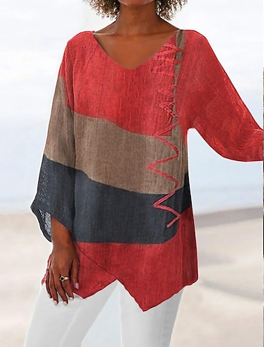  Dames Overhemd Blouse Kleurenblok Afdrukken Asymmetrisch Casual Basic Lange mouw V-hals Rood Lente Herfst