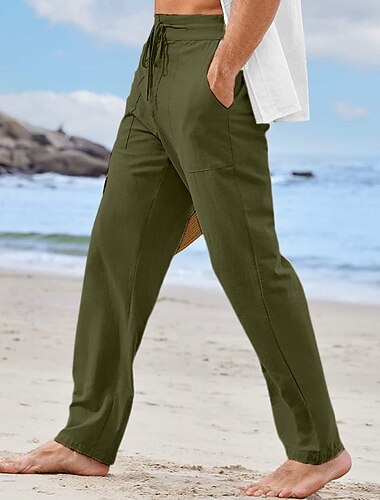  Voor heren Linnen broek Broek Zomerbroek Zak Effen Comfort Ademend Buiten Dagelijks Uitgaan Modieus Casual Wit Khaki