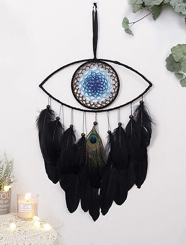  Atrapasueños con ojos del diablo, regalo hecho a mano, pluma negra, ojos azules, gancho, flor, carillón de viento, adorno, decoración para colgar en la pared, 30x6 0cm/11,8''x23,6''