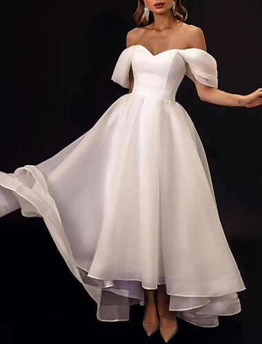  Réception de Mariage sur Plage Petite Robe Blanche Robes de Douche Nuptiale Robes de Mariée A-Line Hors Épaules Manches Courtes Asymétriques Organza Robes de Mariée Avec Couleur Unie 2025