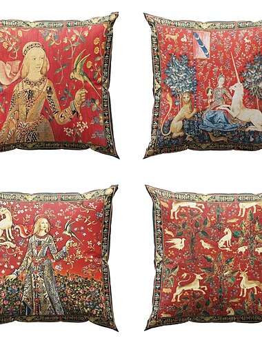  Mittelalterlicher doppelseitiger Kissenbezug 4pc Dame Einhorn dekorativer Kissenbezug Kissenbezug für Schlafzimmer Wohnzimmer Sofa Couch Stuhl