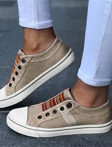  Lässige Slip-On-Sneaker aus Canvas für Damen – leichte und atmungsaktive Low-Top-Schuhe mit mehrfarbigem Streifen-Akzent