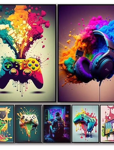  80s 90s kunst aan de muur kleurrijke neon gamer controller canvas poster fantasie koptelefoon esports gaming muur kunst schilderij voor kawaii kamer decor