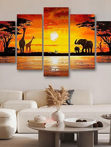  5 Paneele Wandkunst auf Leinwand, Poster, Gemälde, Kunstwerk, Bild, Elefant, Tier, Baum, Sonnenuntergang, Heimdekoration, Dekoration, gerollte Leinwand mit gespanntem Rahmen