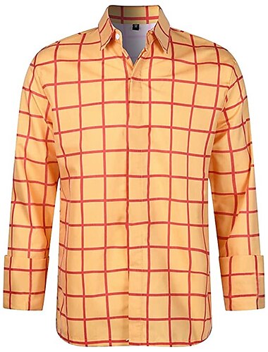  Męskie Koszula Żółty Granatowy Pomarańczowy Długi rękaw Kratka Wieczorne Wiosna i jesień Impreza Praca Odzież Nadruk