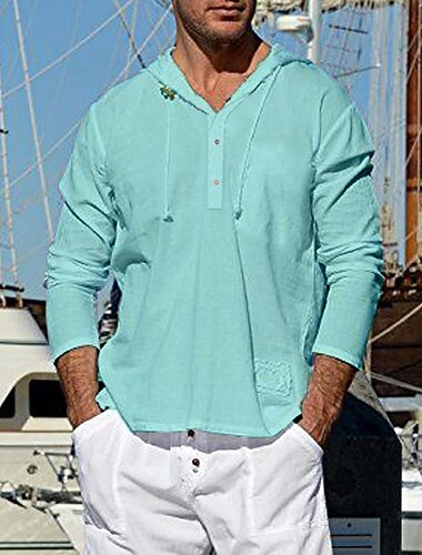  Per uomo Camicia Camicia in lino e cotone Camicia in cotone bianco Camicia estiva Maglietta informale Camicia da spiaggia Liscio Informale Giornaliero Bianco Blu Verde Manica lunga Con cappuccio