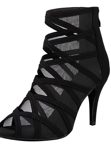  dansstövlar med remmar i svart mesh med peep toe - sexiga stilettklackar för salsa, balsal och latinska dansuppträdanden