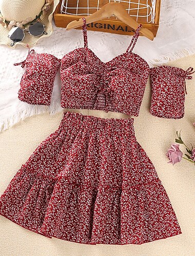  2-delig Kinderen Voor meisjes Grafisch Rok & Shirt reeks Korte mouw Actief School 7-13 jaar Zomer Rood