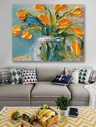  Hang-geschilderd olieverfschilderij Handgeschilderde Horizontaal Stilleven Bloemenmotief / Botanisch Hedendaags Modern Inclusief Inner Frame