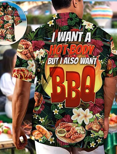  Herren Lebensmittel Buchstabe Grill Hemd Hawaiihemd Sommerhemd Aloha-Shirt Kurzarm Hemd Kubanisches Halsband Sport Modisch Strassenmode Outdoor Casual Hawaiianisch Rote Grün S M L