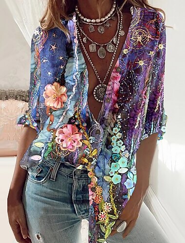  Camicia da Donna Base Floreale Bottone Stampa Manica Lunga Top Lunghi Collo A V Casual Festa Viola Primavera Autunno