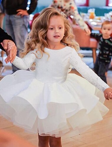  Kids Little Girls' Dress Sequin Wedding Party Birthday Ruffle Mesh Backless Yellow White Satin Organza Long Sleeve Elegant Princess Dresses Spring Summer 3-12 Years / Fall / Winter / Bow